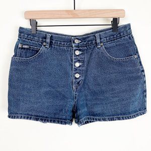 Vintage Jean Shorts Exposed Button Fly Rigid Cotton High Rise Waisted Dark Denim